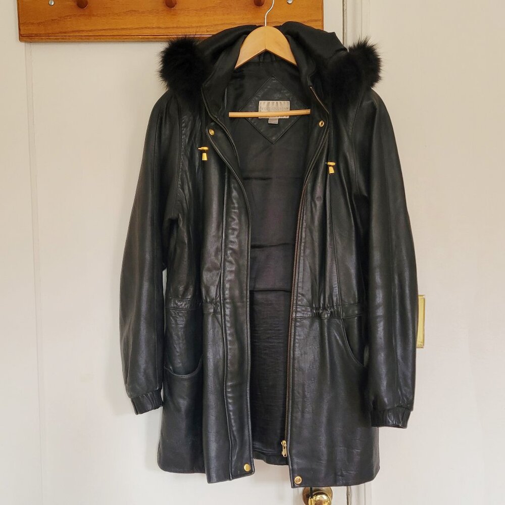 Worthington Lambskin Leather Parka Coat Sz S~M Black Dyed Fox Fur Trim Hood READ